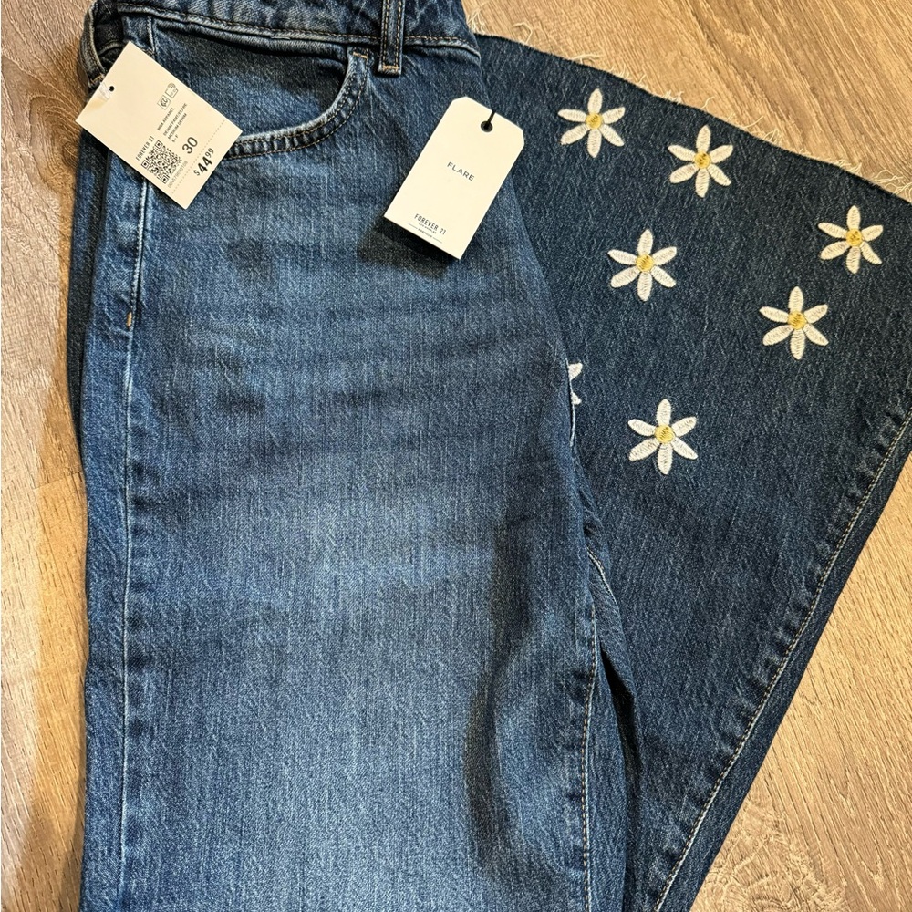 Forever 21 Floral Embroidered Blue Jeans